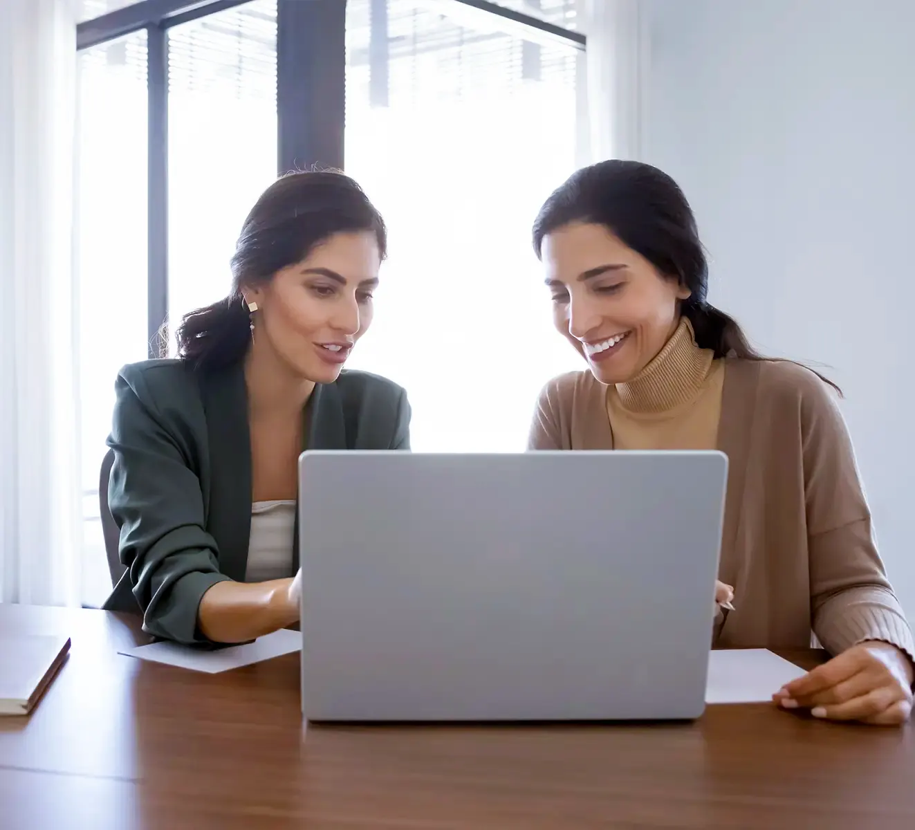 Two people reviewing an application on a laptop.
