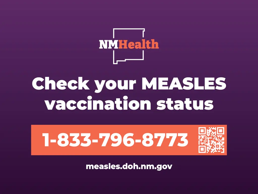 "Check your measles vaccination status" text with 1-833-796-8773 number to call next to QR code